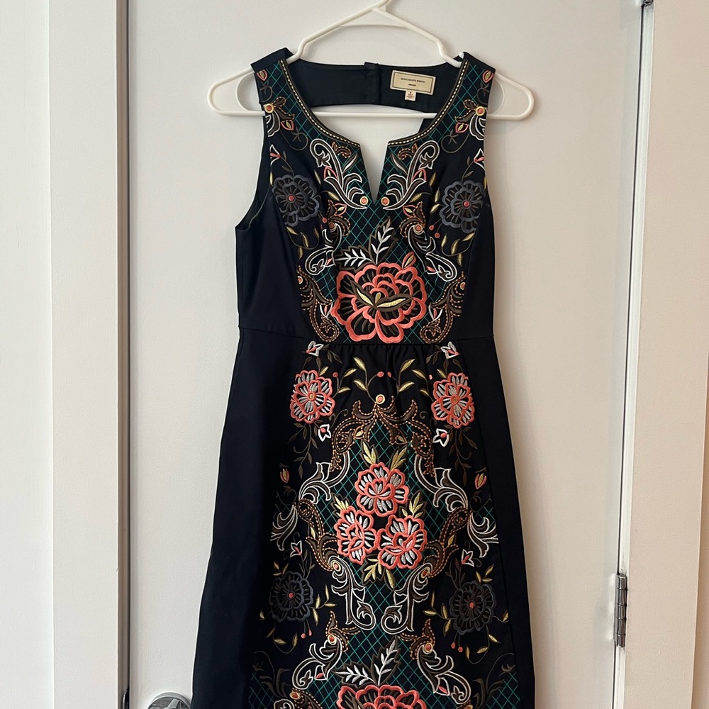 Anthropologie Embroidered Navy Floral Dress